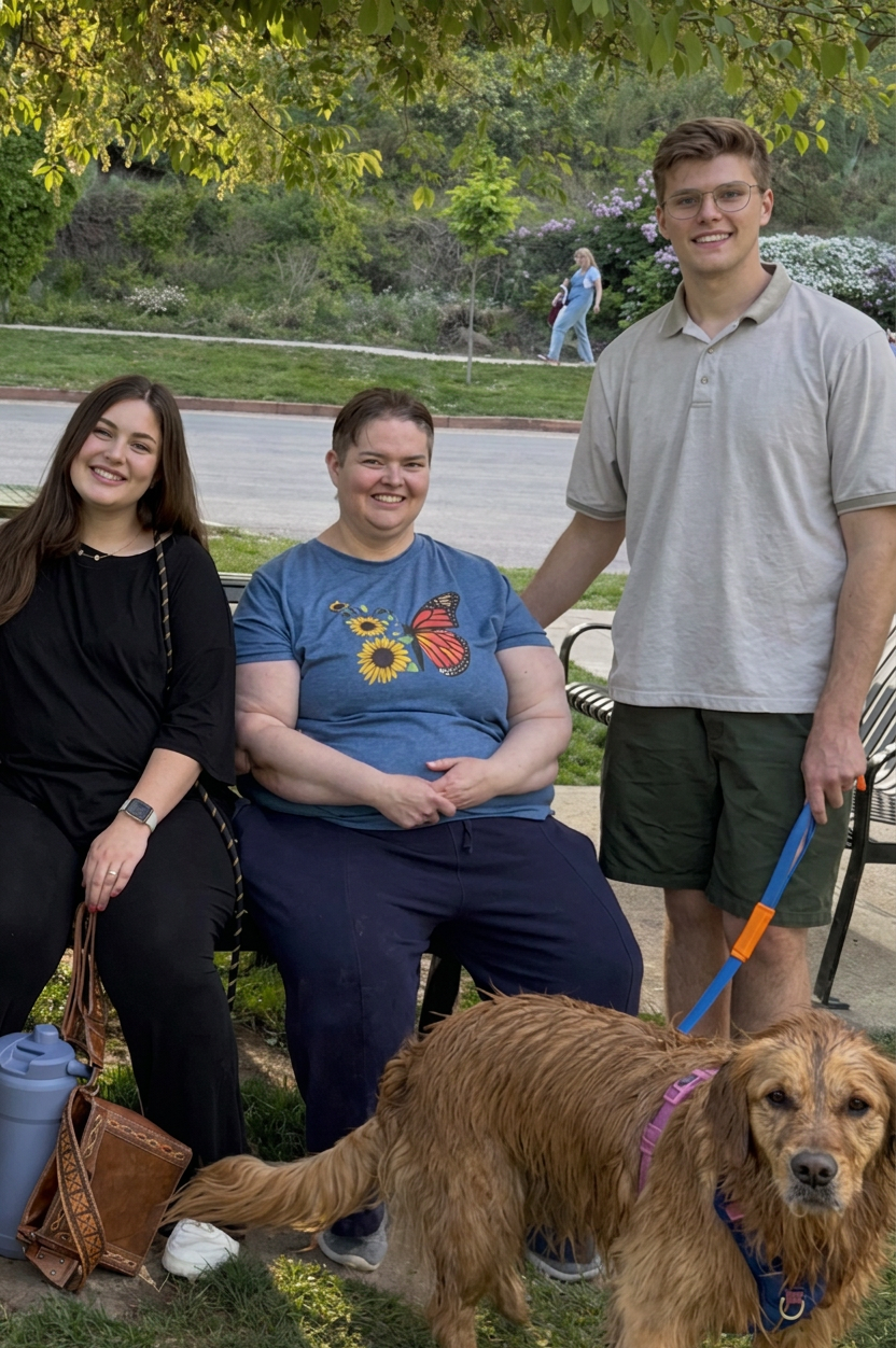 A host family laughing on a couch together